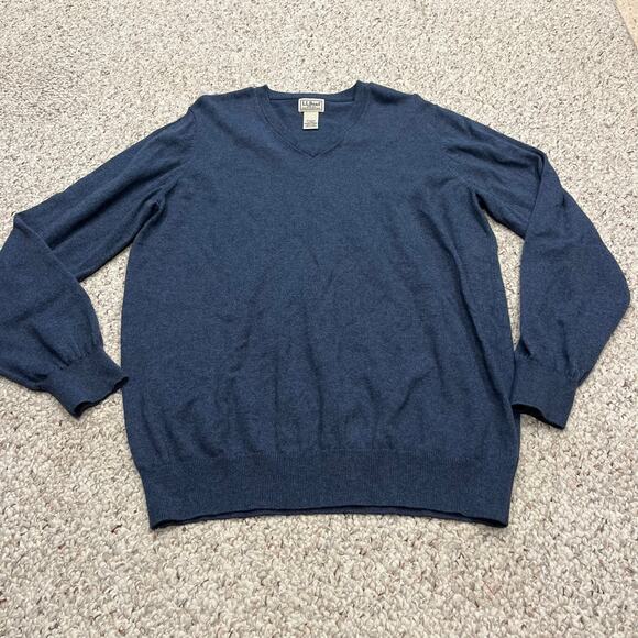 LL Bean Men's Cotton Cashmere V Neck Sweater Sz L Tall Blue Preppy Casuaol - Picture 1 of 5